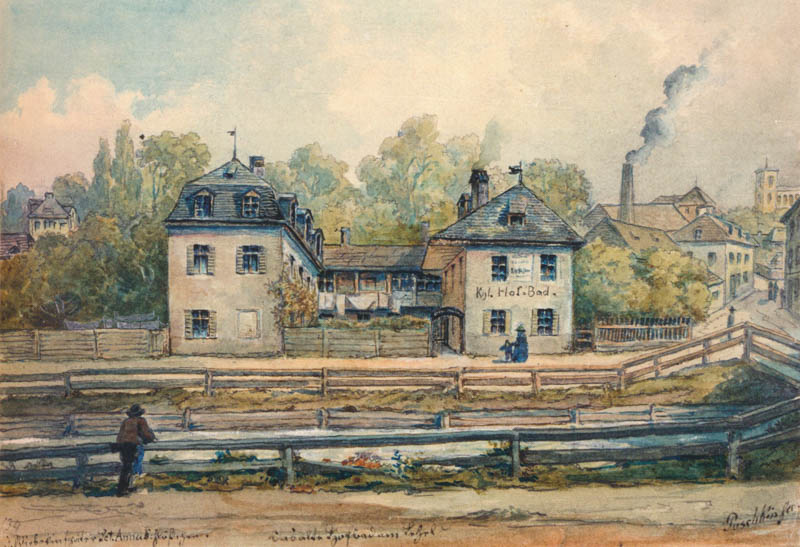 Historische Ansicht: Das ehemalige Hofbad gegenüber der Franziskaner-Klosterkirche zu St. 