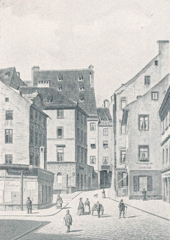 Die „Lederergasse“ mit Schlichtinger-Bogen. 1889