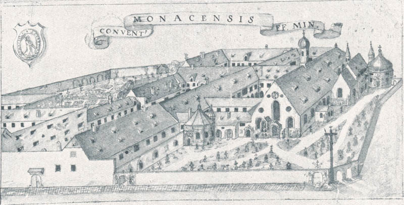 Das „Franziskanerkloster“ am heutigen Max-Joseph-Platz. 1687