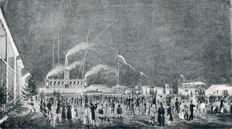 Feuerwerk und Beleuchtung auf der Theresienwiese während des Oktoberfestes 1826