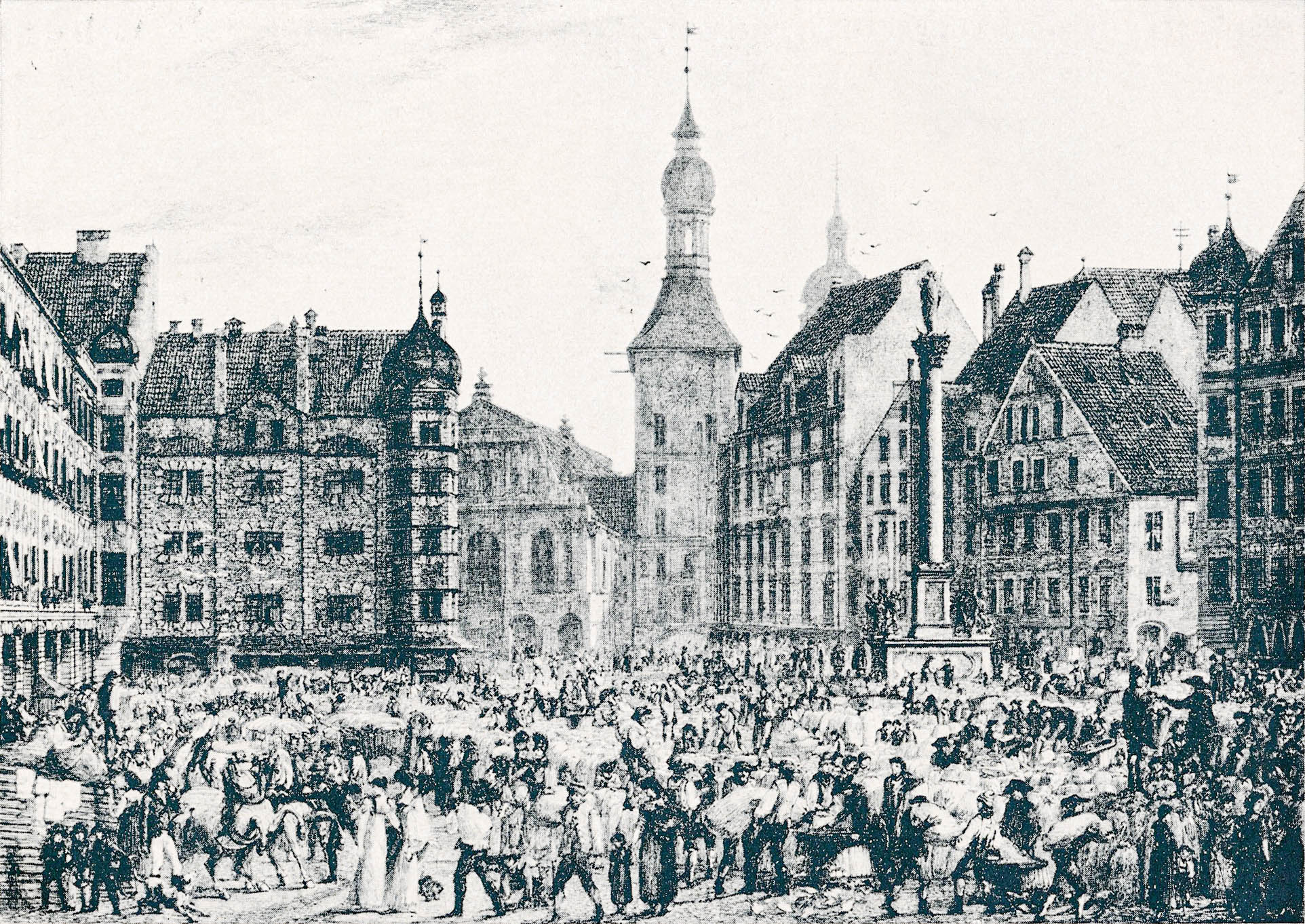 Der Marktplatz, wie eben Schranne gehalten wird, Blick von der Hauptwache zum Ra