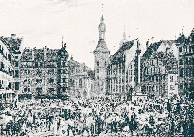 Der Marktplatz, wie eben Schranne gehalten wird, Blick von der Hauptwache zum Ra