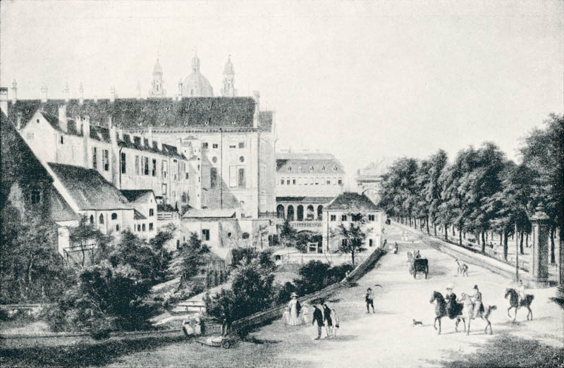 Nordostseite der Residenz mit der Hofapotheke im Jahr 1828