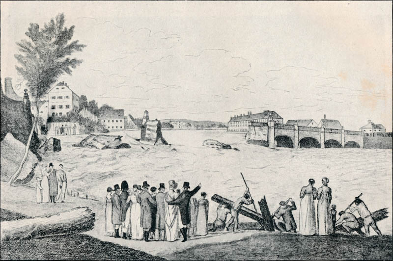 Die Isarbrücke nach dem Einsturz am 13.September 1813