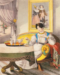 kolorierte Lithographie - Blick in ein Münchner Heim der Biedermeierzeit zur Kaffeestunde