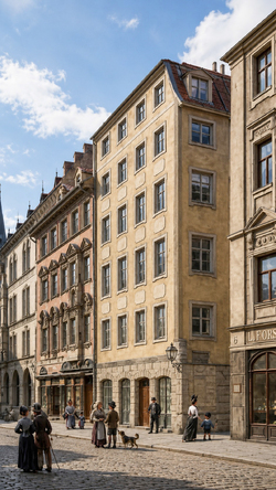 Häusergruppe zwischen Rathaus und Landschaftsstraße in der Dienerstraße
