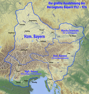 Die größte Ausdehnung des Herzogtums Bayern 952 - 976