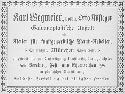 Karl Wegmeier, vorm. Otto Aufleger  Galvanoplastische Anstalt (Werbung, 1890)