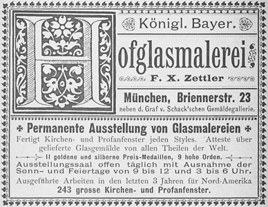 Königl. Bayer. Hofglasmalerei  F. X. Zettler (Werbung, 1890)